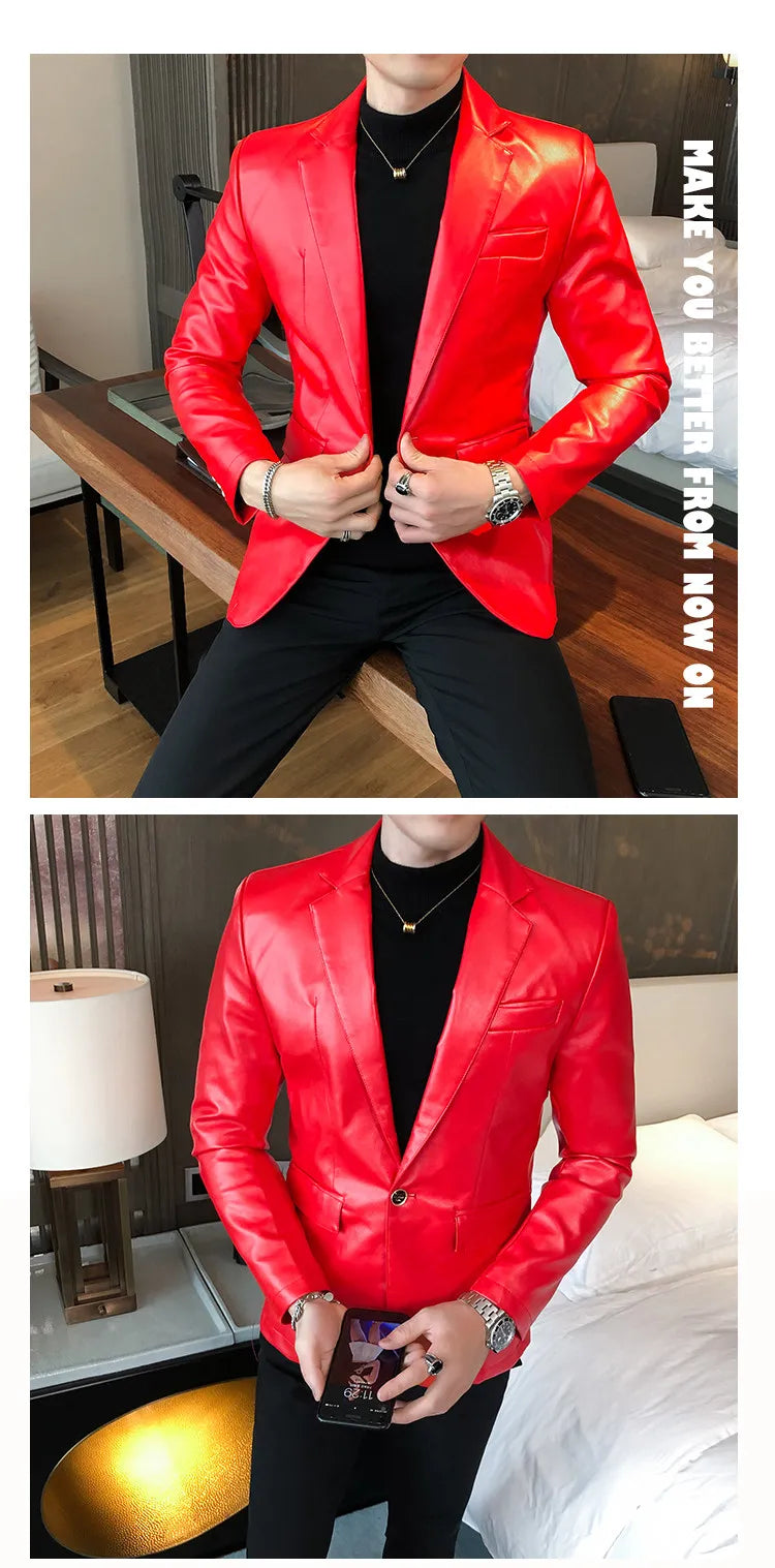 Men Casual Black White Suit Leather Jacket /Men Solid Color Business Suit Collar PU Blazers Dress Coat Fashion /New Men Clothing