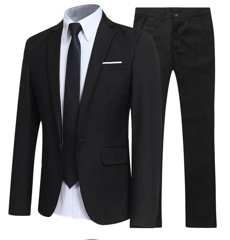 Men's Black Elegant Suits+Pants Slim Fit Single Button Lapel Pockets Blazer Party Formal Business Dress Suit Male Wedding Set