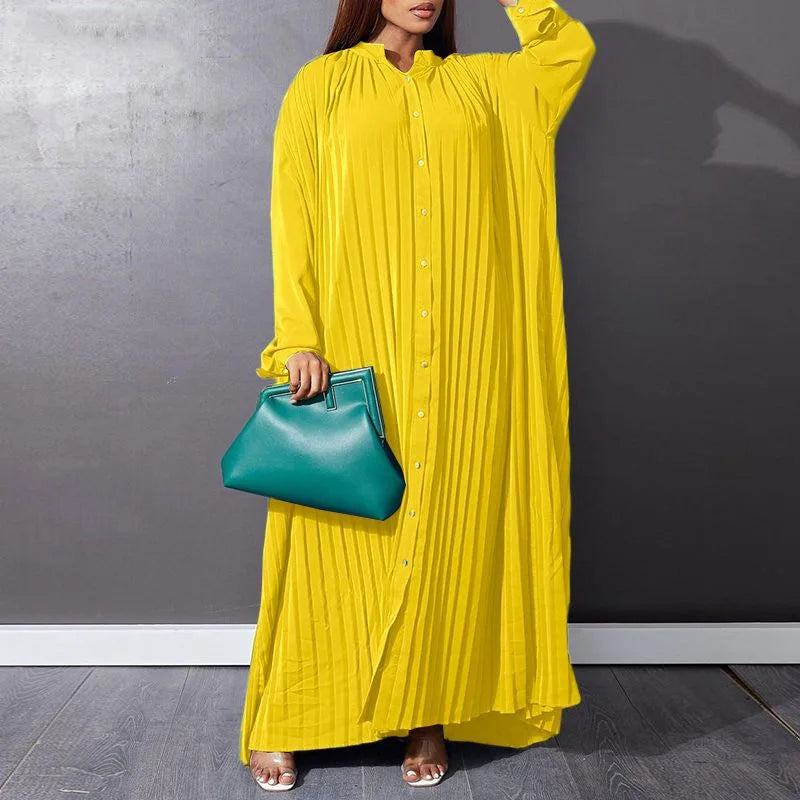 Women Eid Muslim Dresses Stand Collar Single Breasted Dubai Arab Vestidos Ramadan Casual Loose Kaftan Dress Solid Pleated
