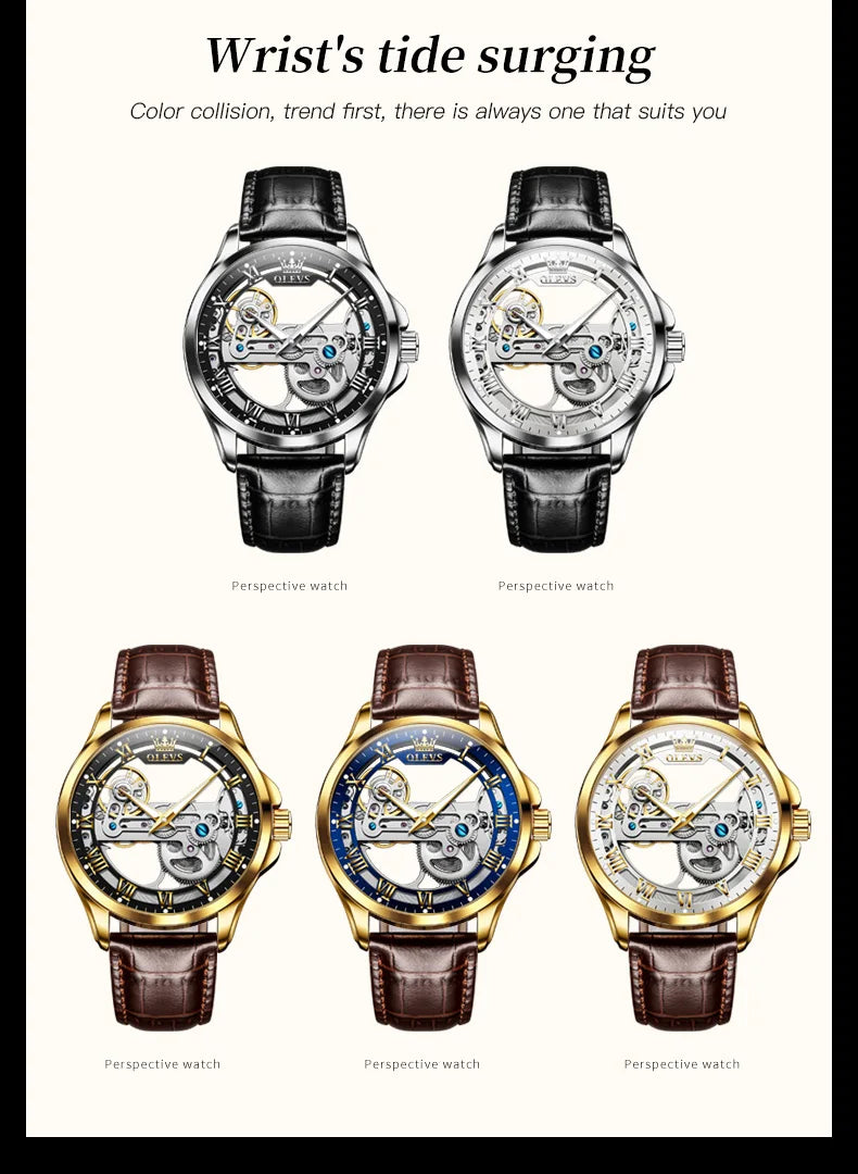 OLEVS 6661 Top Brand Men's Watches Fashion Hollow Flywheel Automatic Mechanical Wristwatch Waterproof Luminous Leather Strap