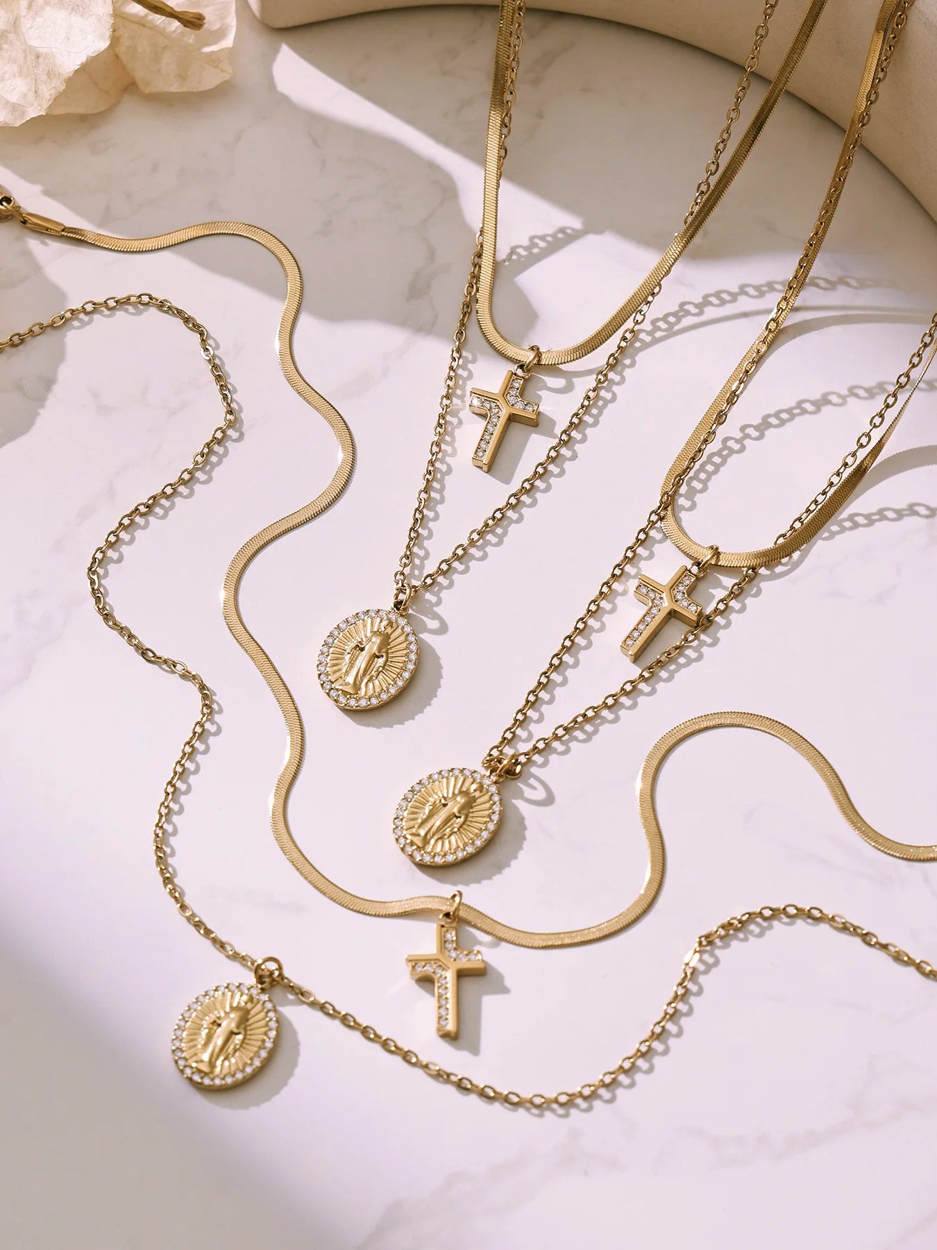 Liora Chic Cubic Zirconia Cross Pendant Necklaces For Women Double Chain Stainless Steel Mujer Choker Fashion Party Jewelry
