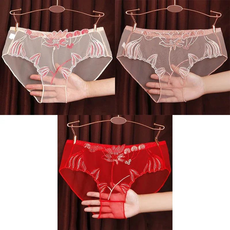 3PCS Solid Full Mesh Sexy Briefs Embroidered Floral Transparent Panties Plus Size Seamless Underwear Low Waist Erotic Lingerie