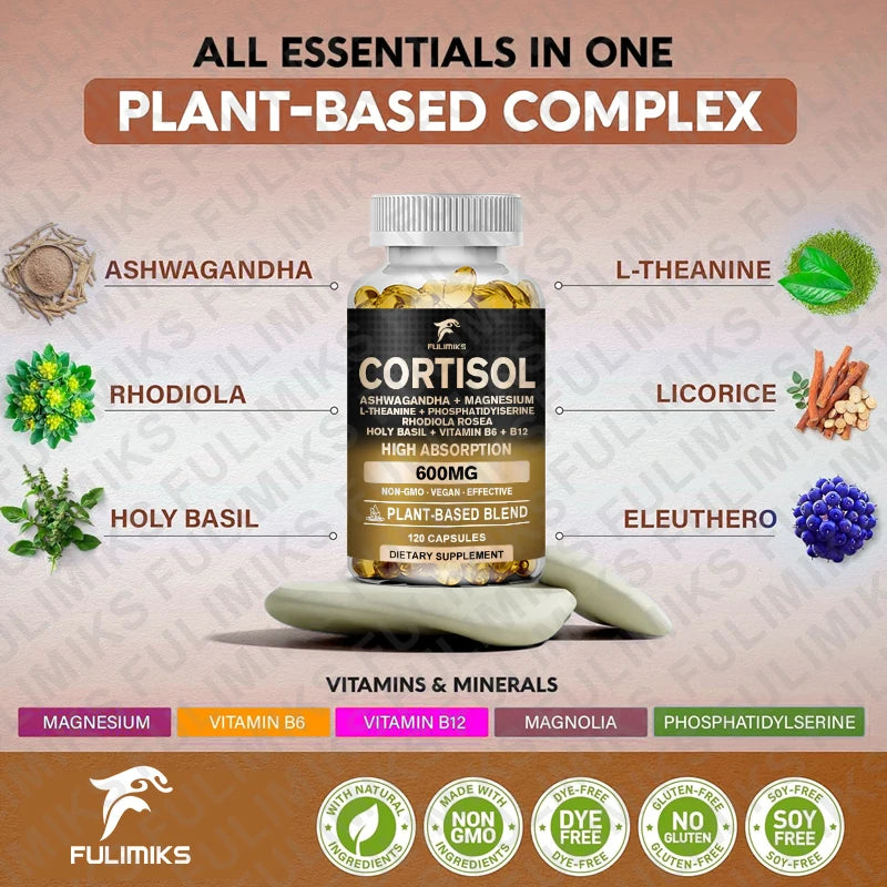 Cortisol Supplement, Hormone Balance, Magnesium, Ashwagandha, Rhodiola, L-Theanine, Vitamin B6 & B12, Mood, Focus, Sleep Support
