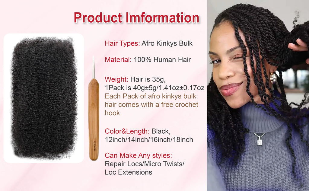 Afro Kinky Curly Braiding Bulk Hair for Braiding Twists Afro Kinky Bulk Hair for Dreadlock Extensions Repair Locs Women