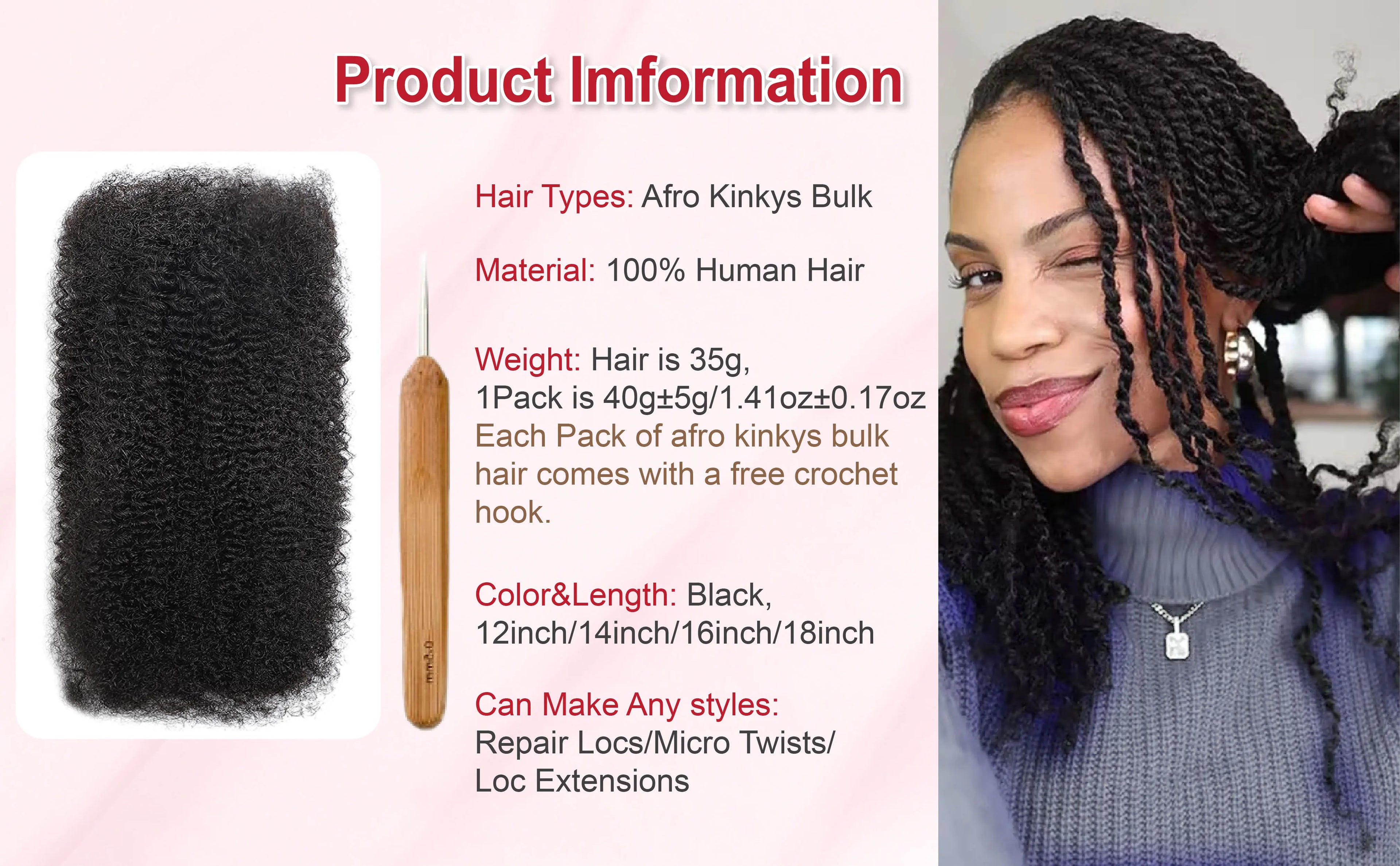 Afro Kinky Curly Braiding Bulk Hair for Braiding Twists Afro Kinky Bulk Hair for Dreadlock Extensions Repair Locs Women
