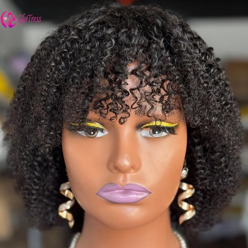 High Quality 180% Density Short Curly Fringe Wig Brazilian Virgin Remy Human Hair Natural Color Full Machine Made for Women
