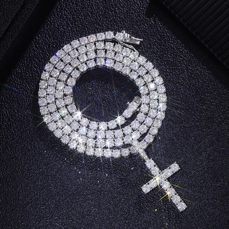 Provence Moissanite Cross Neclace for Women S925 Link Chain 4mm D Color VVS1 Tennis Necklace for Ladies Silver Cross Pendant