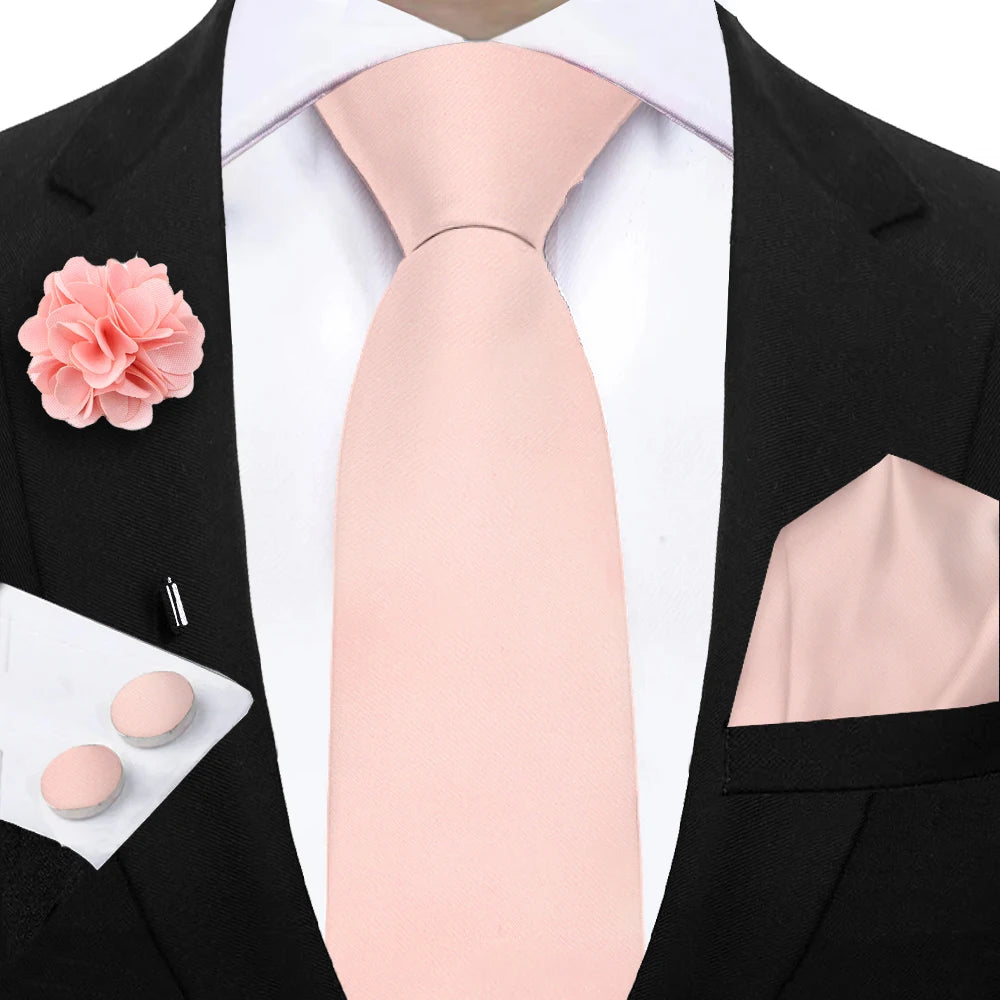 Mens Ties Solid NeckTie Pocket Square Brooch Set Men's Wedding Pink Blue Purple Tie Suit Accessories Fit Group Holiday Party