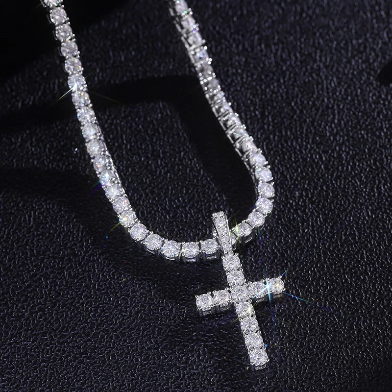 Provence Moissanite Cross Neclace for Women S925 Link Chain 4mm D Color VVS1 Tennis Necklace for Ladies Silver Cross Pendant