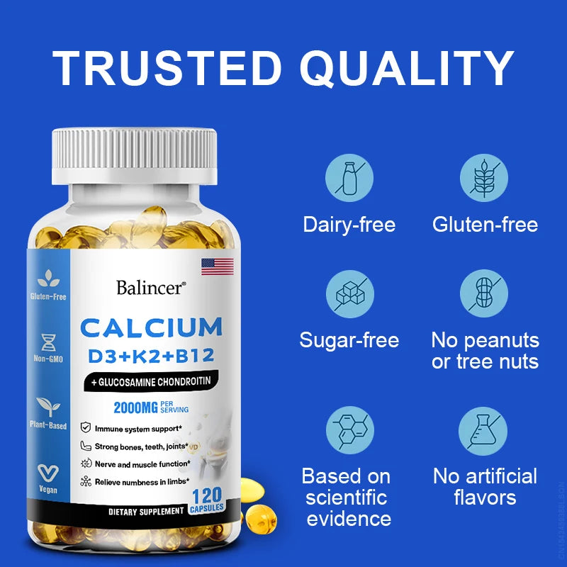 Calcium Vitamin D3 with B12, K2 - Supports Bones, Teeth, Heart and Immune System Function,Immune System Health