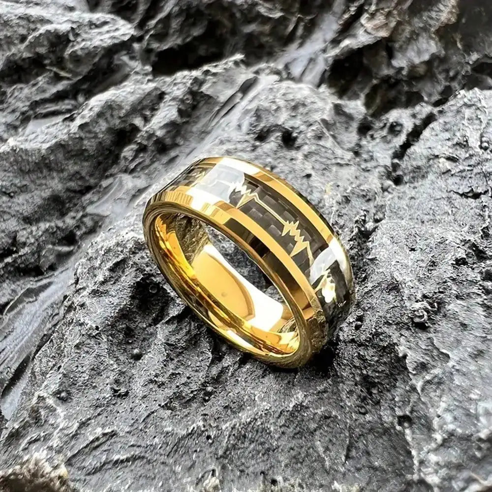 8mm Trendy Stainless Steel Rings For Men Jewelry Party Gift Fashion Black Carbon Fiber Golden Heart Rate Line Men Rings