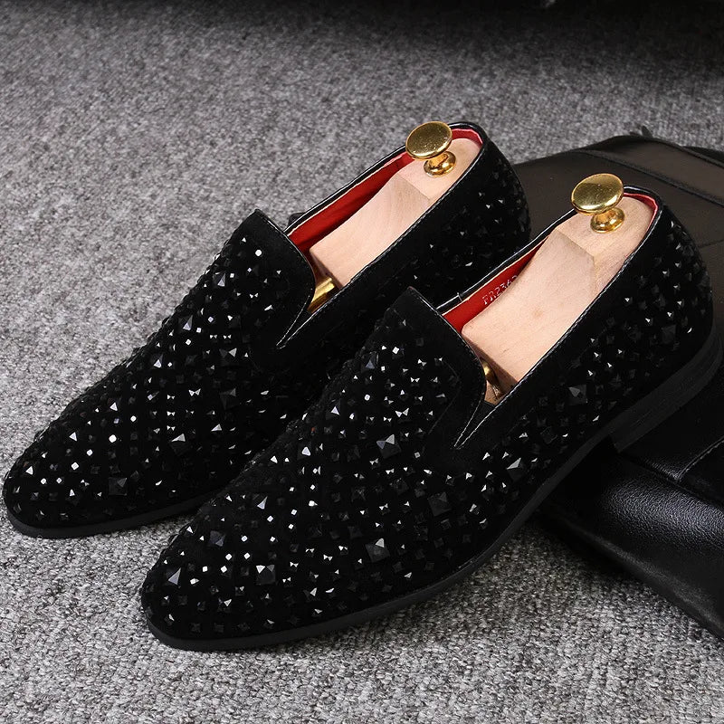 Dress Shoes for Men Luxury Pointed Toe Black Loafers Denim Metal Sequins Shoes Fashion High Quality Men Party Wedding Shoes New