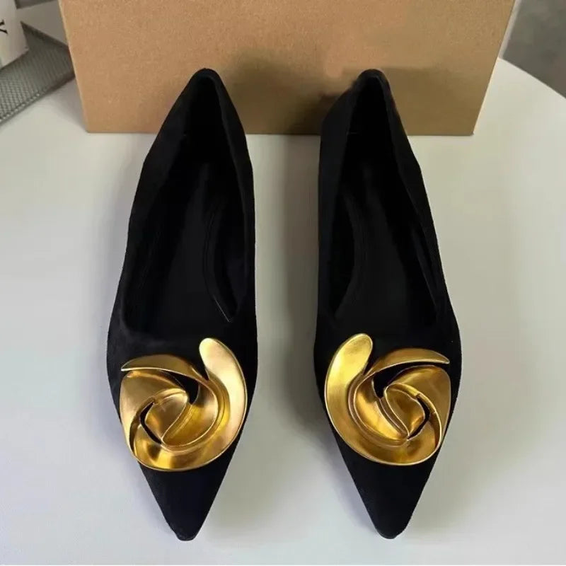 Elegant Office Women's Dress Shoes 2026 Summer New Black Shallow Pointed Toe Fashion Metal Flower Comfortable Ladies Flats
