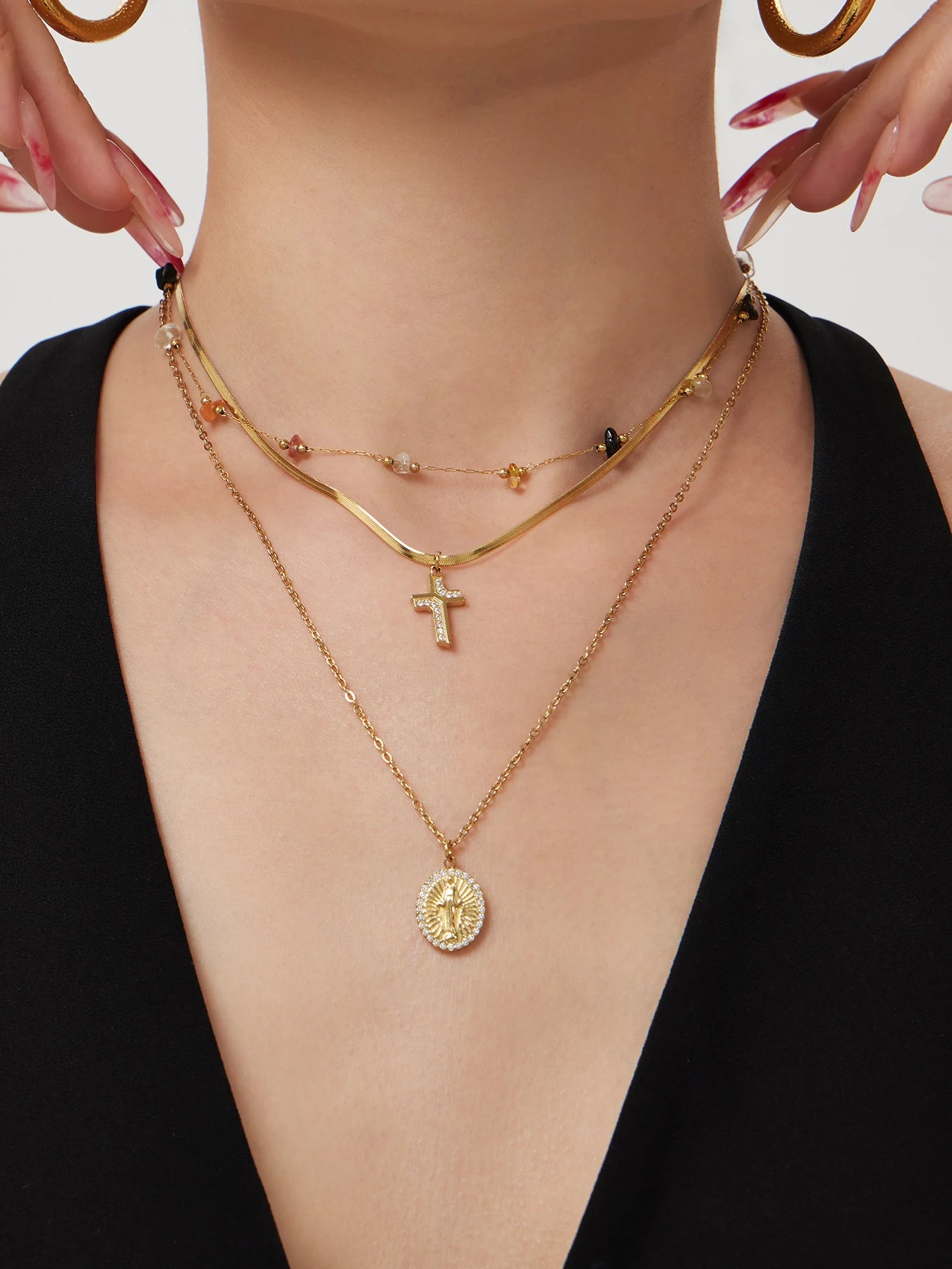 Liora Chic Cubic Zirconia Cross Pendant Necklaces For Women Double Chain Stainless Steel Mujer Choker Fashion Party Jewelry
