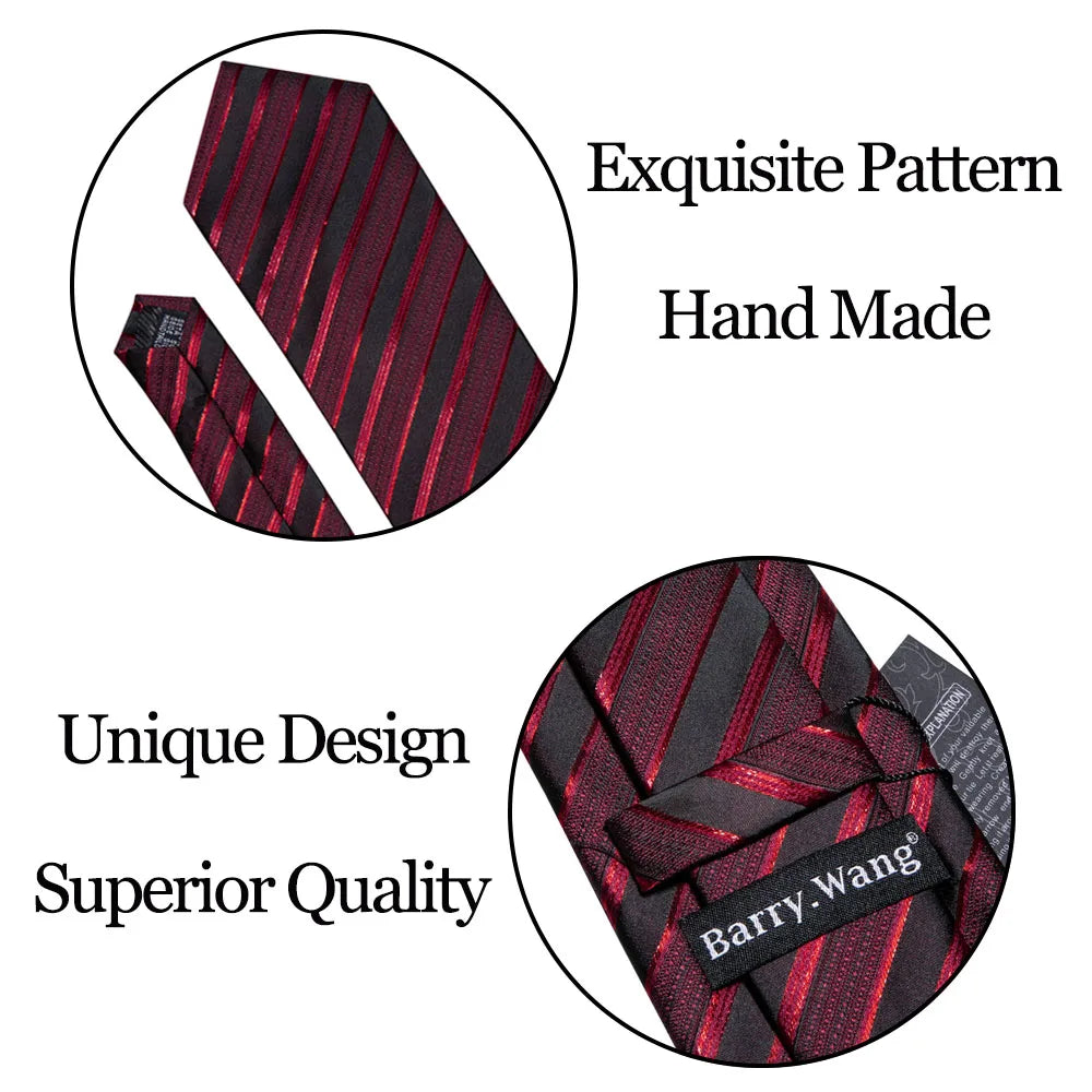 Male Luxury Neck Tie For Men Business Red Striped Tie Hanky Cufflinks Set Neckwear Wedding Party Casual