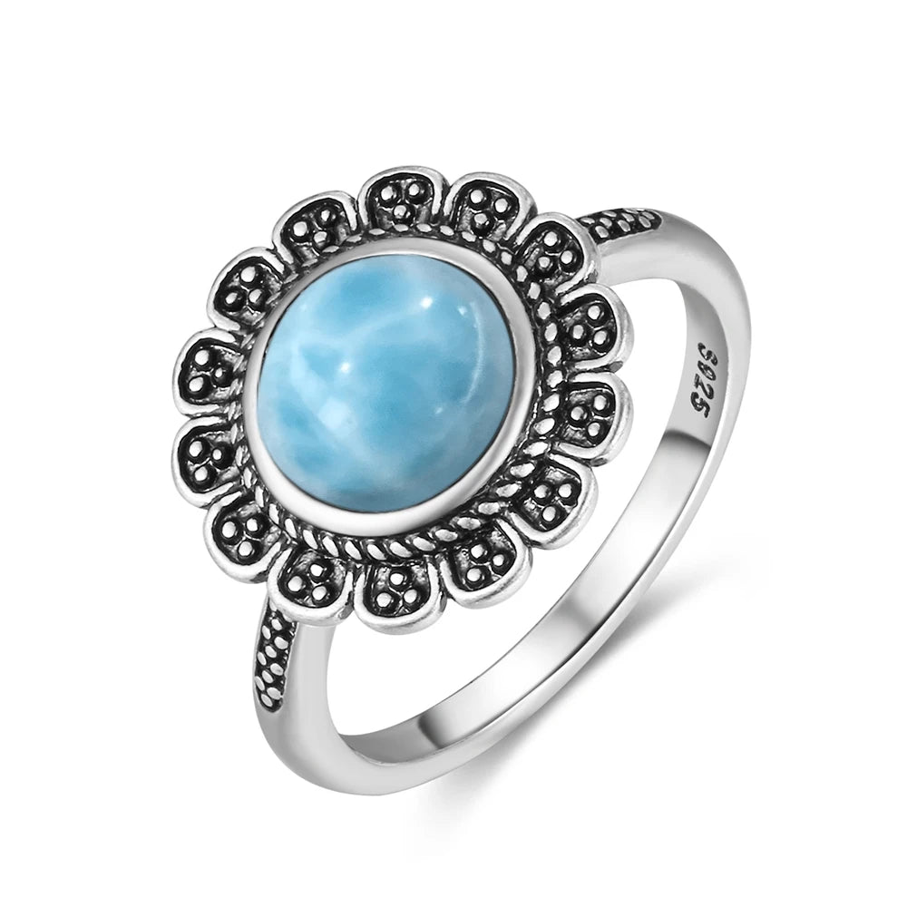 Vintage 925 Silver Ring Natural Larimar Stone Ring Round Flower Shape Sky Blue Summer Ring Fine Jewelry Gift for Men Women