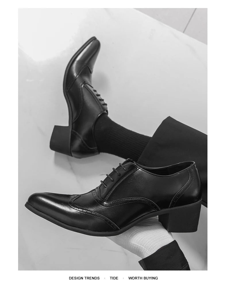 Men's High Heel Business Leather Shoes Mens Pointed Toe Dress Office Flats Men Fashion Wedding Party Oxfords Plus Size 38-46