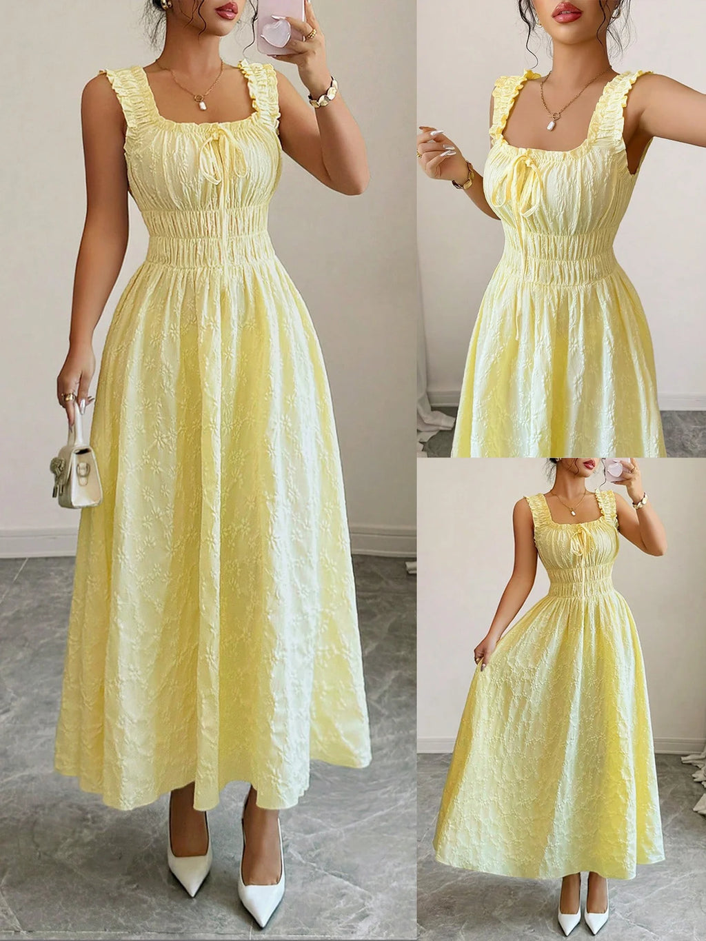 Women's Casual Dresses  Solid Yellow Smocked Dress Chic Dress Spring Summer Dress Beach Party Date Vacation Dress