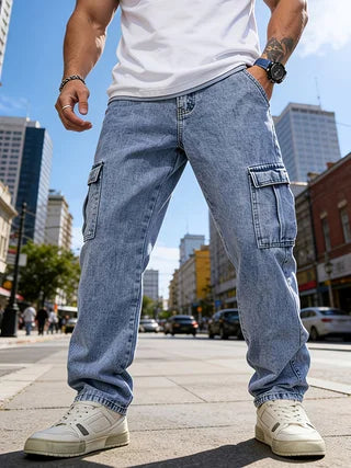 Men's Classic Multi-Pocket Jeans - Casual Street Style Regular Fit, Machine Washable, All-Season Wear, Light Blue Jeans