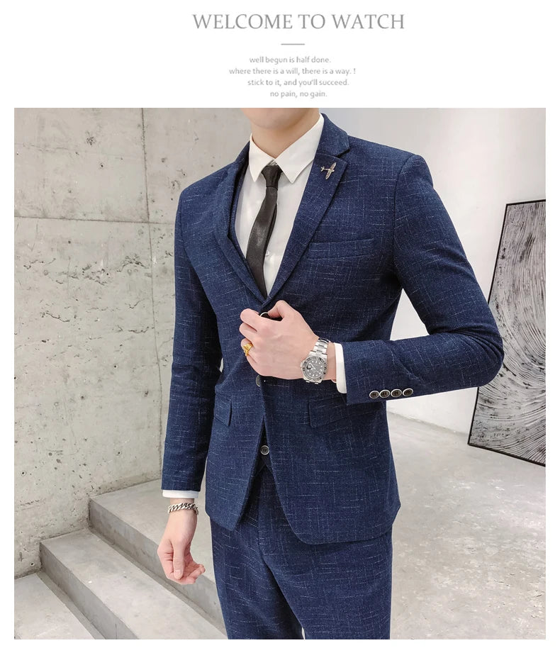 Men's Business Fitted Two-Button Suit Set Fashionable Versatile Trendy Three-Piece Ensemble for Groom Best Man Banquet Dress