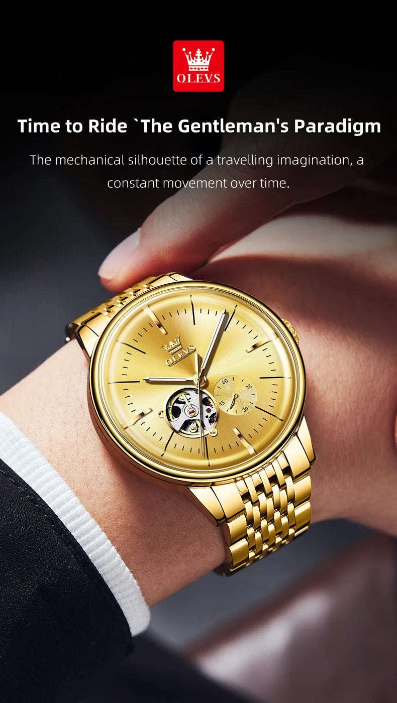 OLEVS 6708 Mechanical Watch for Men Fashion Arched Glass Automatic Men's Watches Hollow Simple Luxury Brand Original Man Watch