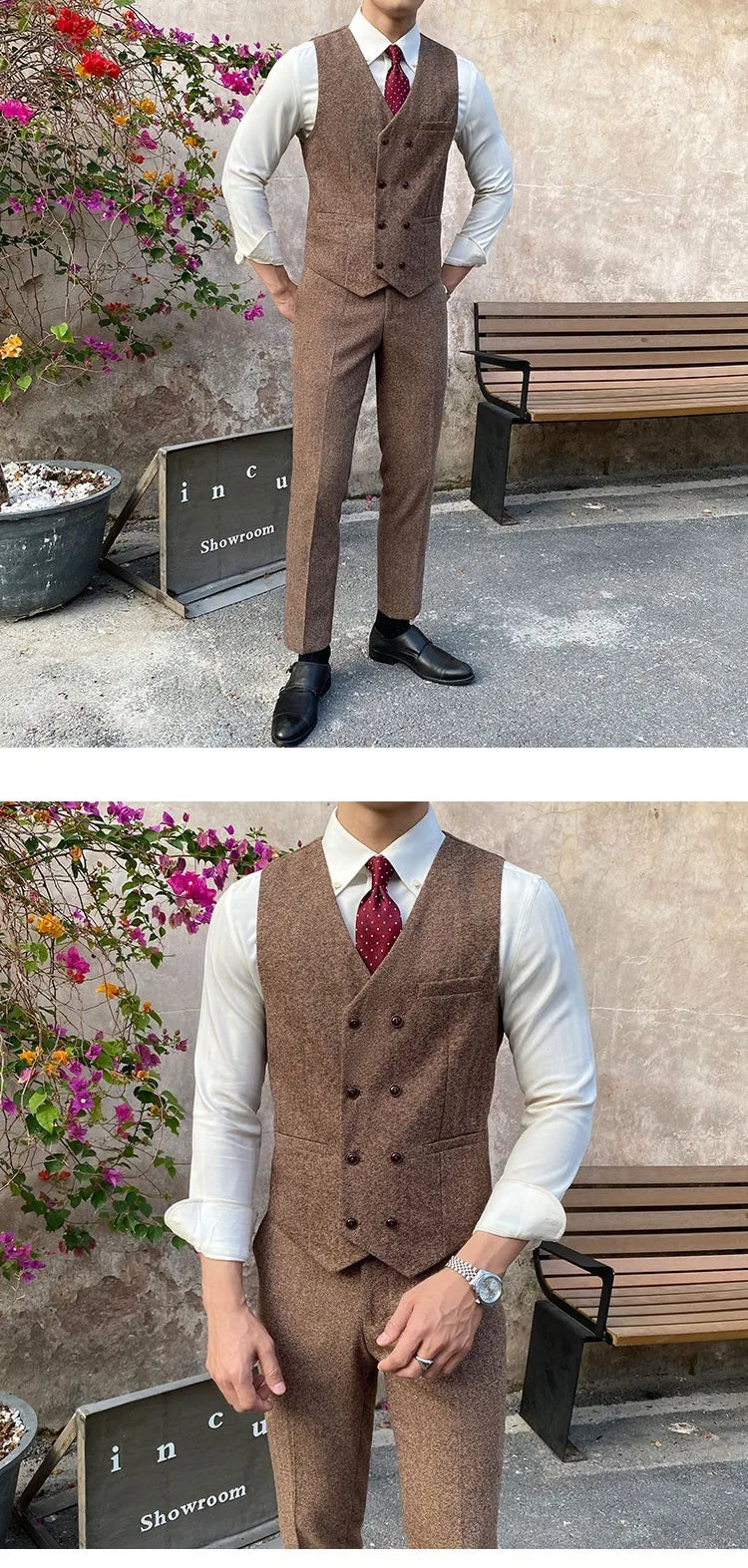 Vest Suit Men Groomsmen Clothes British Retro Tweed Vest Male Bridegroom Wedding Dress Brothers Outfit Waistcoat Pants Two Piece