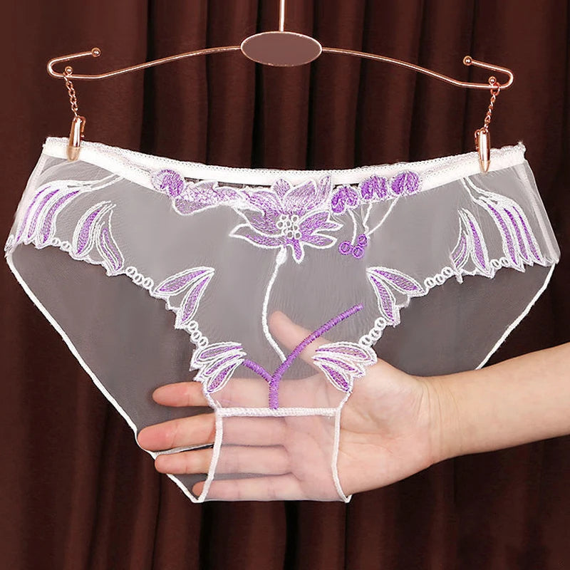 3PCS Solid Full Mesh Sexy Briefs Embroidered Floral Transparent Panties Plus Size Seamless Underwear Low Waist Erotic Lingerie