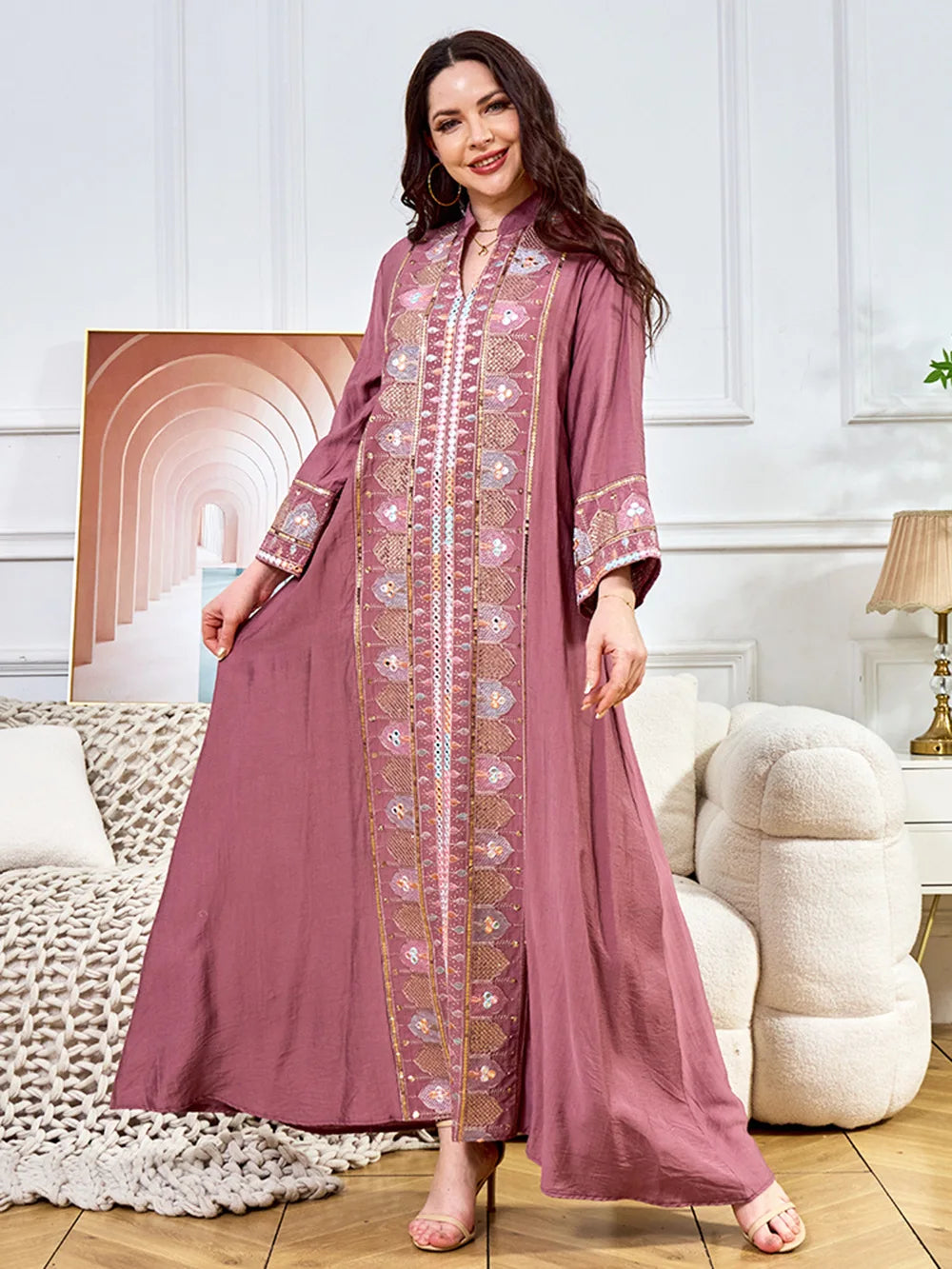 2025 Muslim Women Long Sleeve Kaftan Arabic Sequins Embroidered Party Evening Long Abaya Muslim Fashion Dresses Abaya Dubai