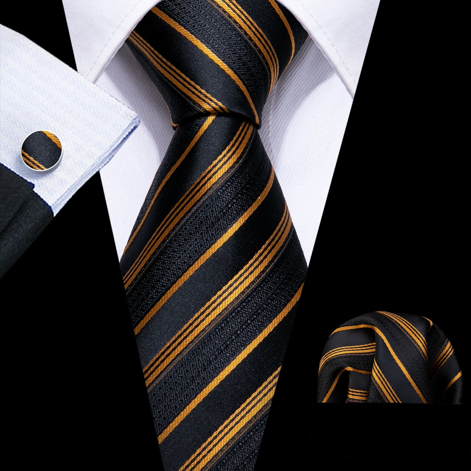 Male Luxury Neck Tie For Men Business Red Striped Tie Hanky Cufflinks Set Neckwear Wedding Party Casual