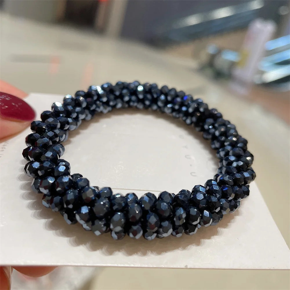 Crystal Beads Hair Ties for Women Vintage Ponytail Scrunchies Elastic Hair Bands Glass Beaded Rubber Hair Rope Accessories