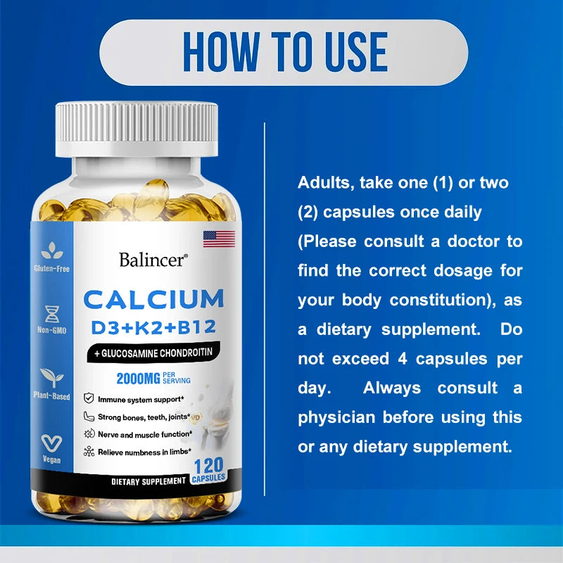 Calcium Vitamin D3 with B12, K2 - Supports Bones, Teeth, Heart and Immune System Function,Immune System Health