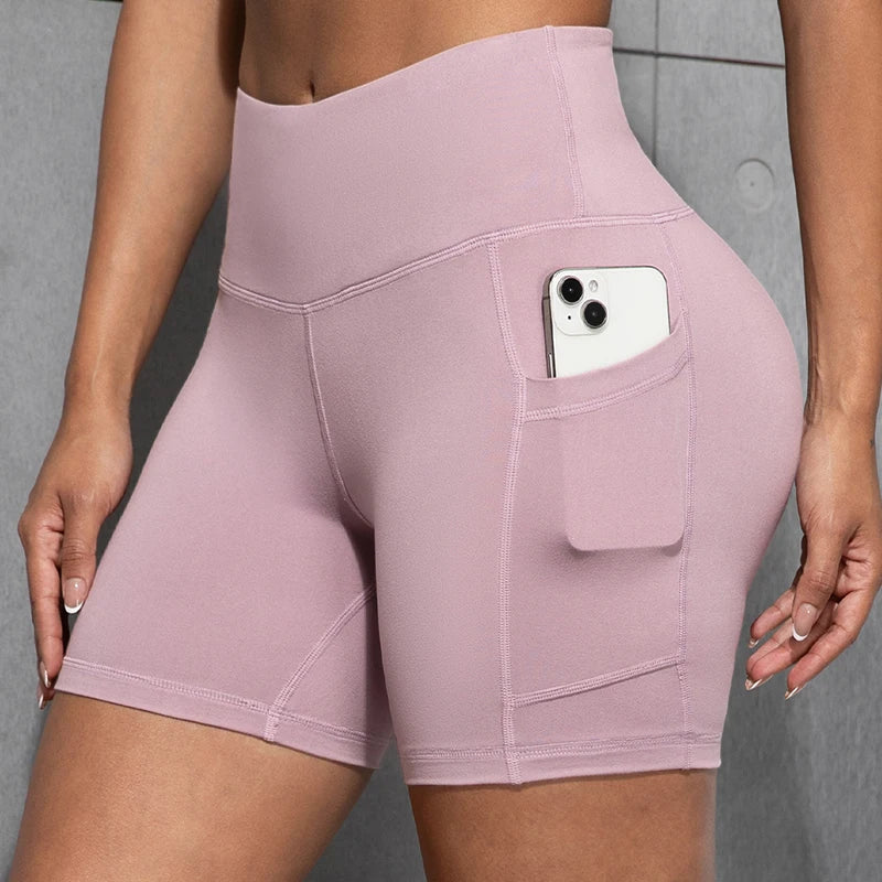 Women Shorts with Pockets Sexy Butt Lifting Fitness Cycling Tights Slim Solid Color High Waist Sports Shorts Casual Fashion Wear