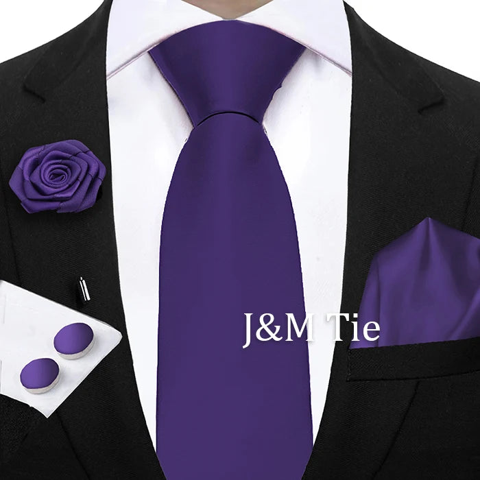 Mens Ties Solid NeckTie Pocket Square Brooch Set Men's Wedding Pink Blue Purple Tie Suit Accessories Fit Group Holiday Party