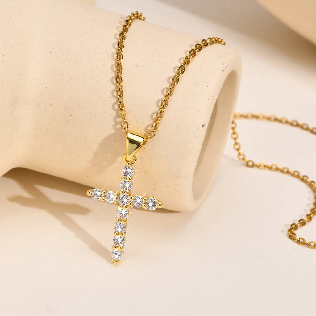 Minimalist Simple Cubic Zirconia Cross Pendant Neckalce for Women,  CZ Crucifix Neclace, 316L Stainless Steel Not Fade