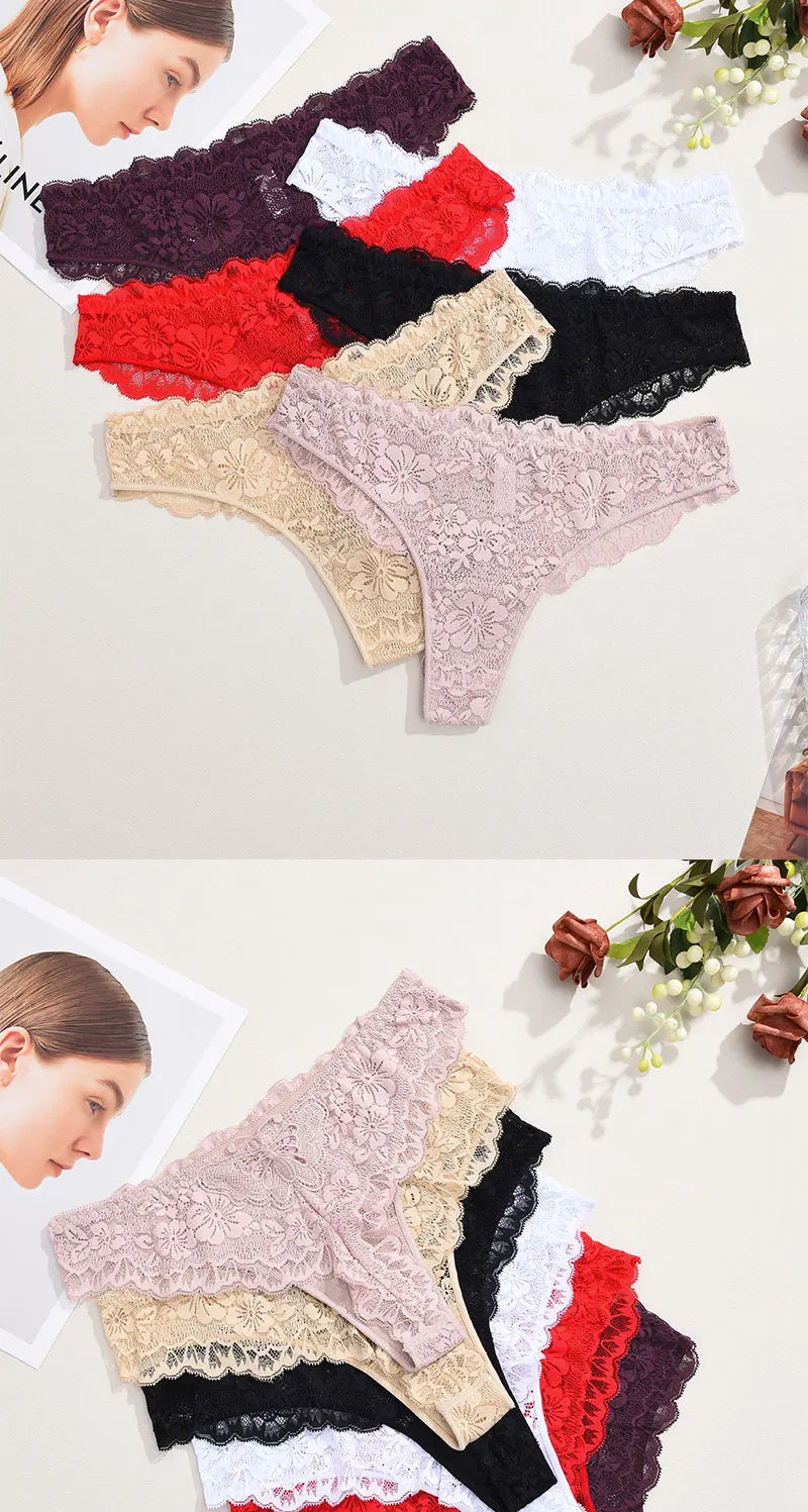 FINETOO 6Pcs/Set Perspective Lace Panties Hollow Out Low-waist Underwear Thongs Female Underpants Breathable Lingerie Intimates