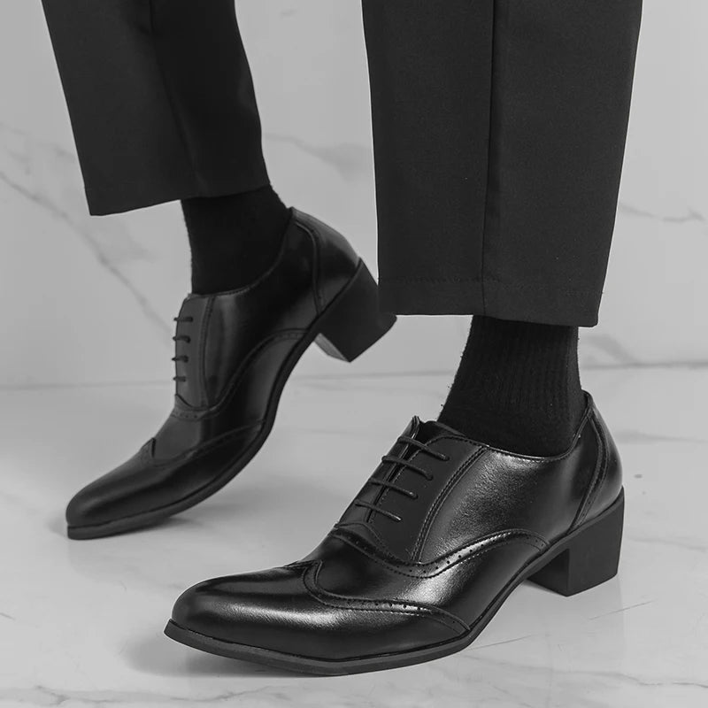 Men's High Heel Business Leather Shoes Mens Pointed Toe Dress Office Flats Men Fashion Wedding Party Oxfords Plus Size 38-46