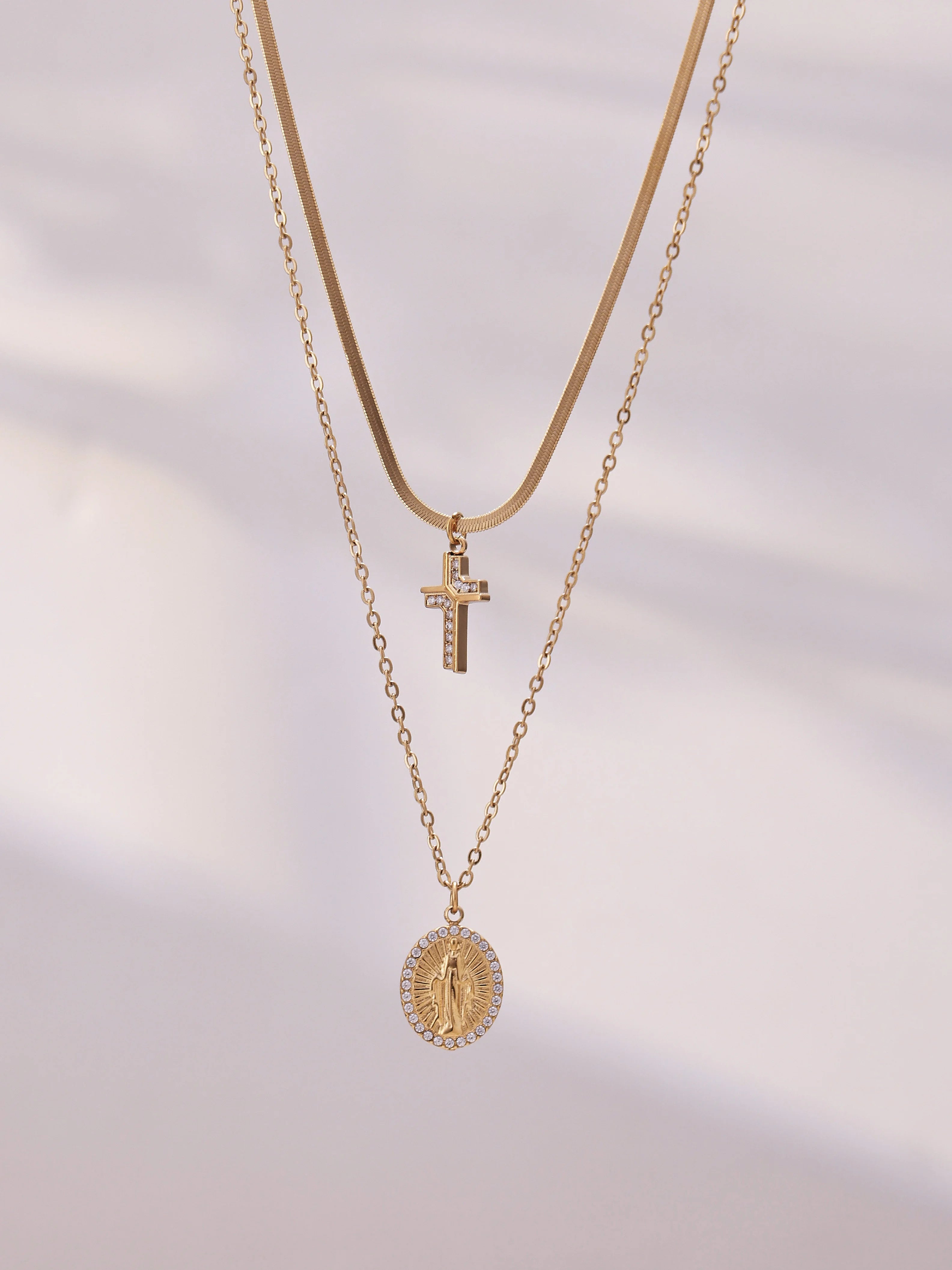 Liora Chic Cubic Zirconia Cross Pendant Necklaces For Women Double Chain Stainless Steel Mujer Choker Fashion Party Jewelry