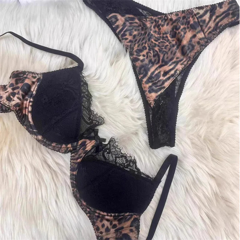 Sexy Leopard Lace Underwear Small Breasts Gathered Soft Steel Ring Top Support Anti-Sagging Collection of Breasts Bra Set