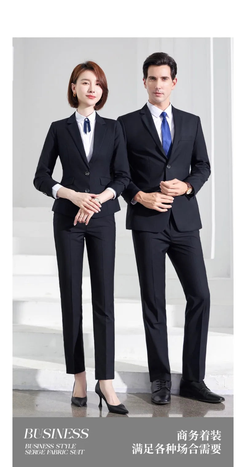 Men's Formal Business Suit Set Black Grey Blue Blazer Pants 2 Piece Work Wear For Office Sales Property 4S Store Staff