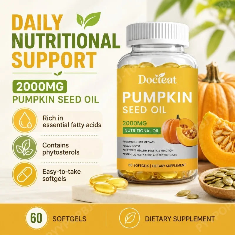 Docteat Pumpkin Seed Oil Softgels 2000mg Natural Source of Essential Fatty Acids Plant-Based Daily Nutrition Support 60 Count