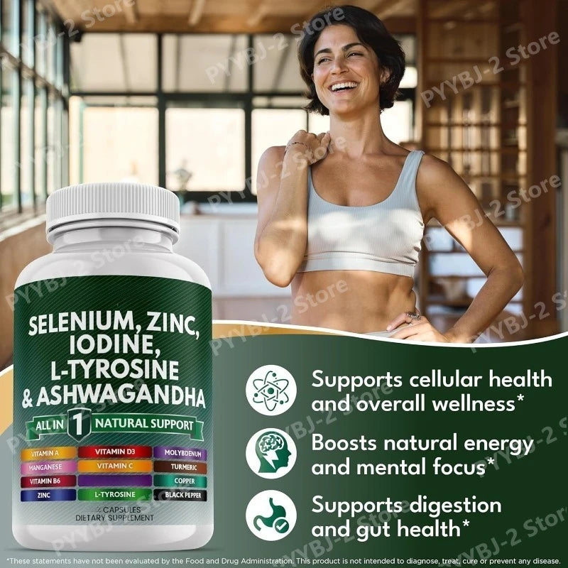 Multimineral Vitamin Capsules with Selenium Zinc Iodine L-TyrosineTurmeric Silica Supplement Daily Nutrition Support 120 Count