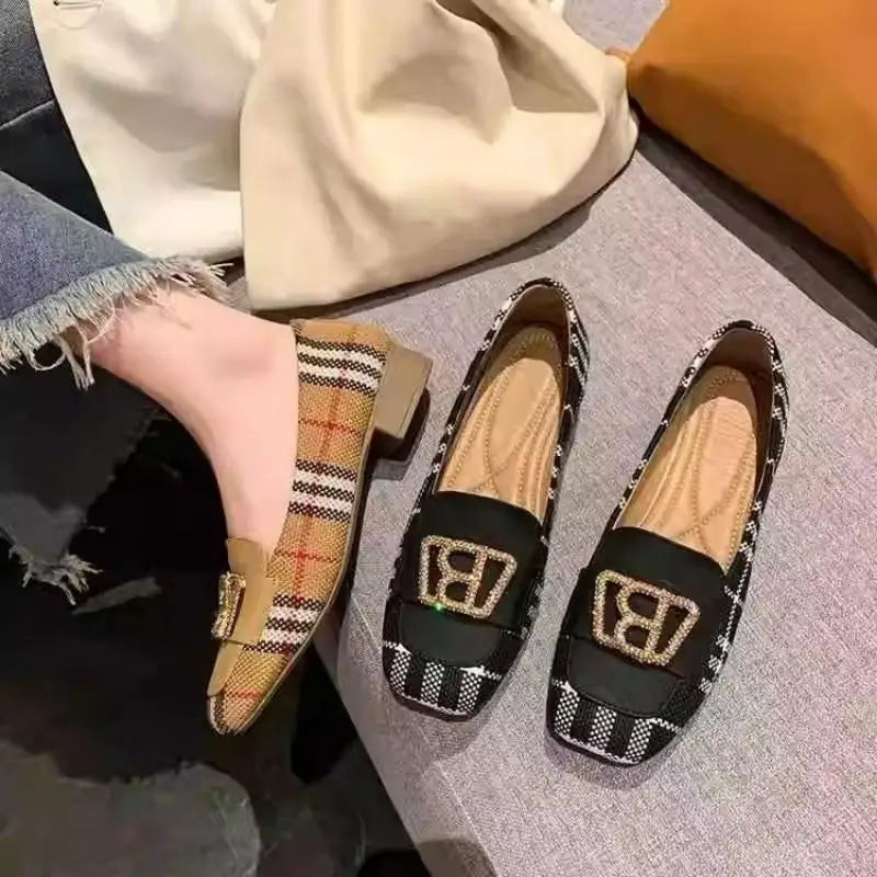 Women's slip-on shoes with square toe, plaid color-blocking, metal buckle, stylish low chunky heels, versatile style.