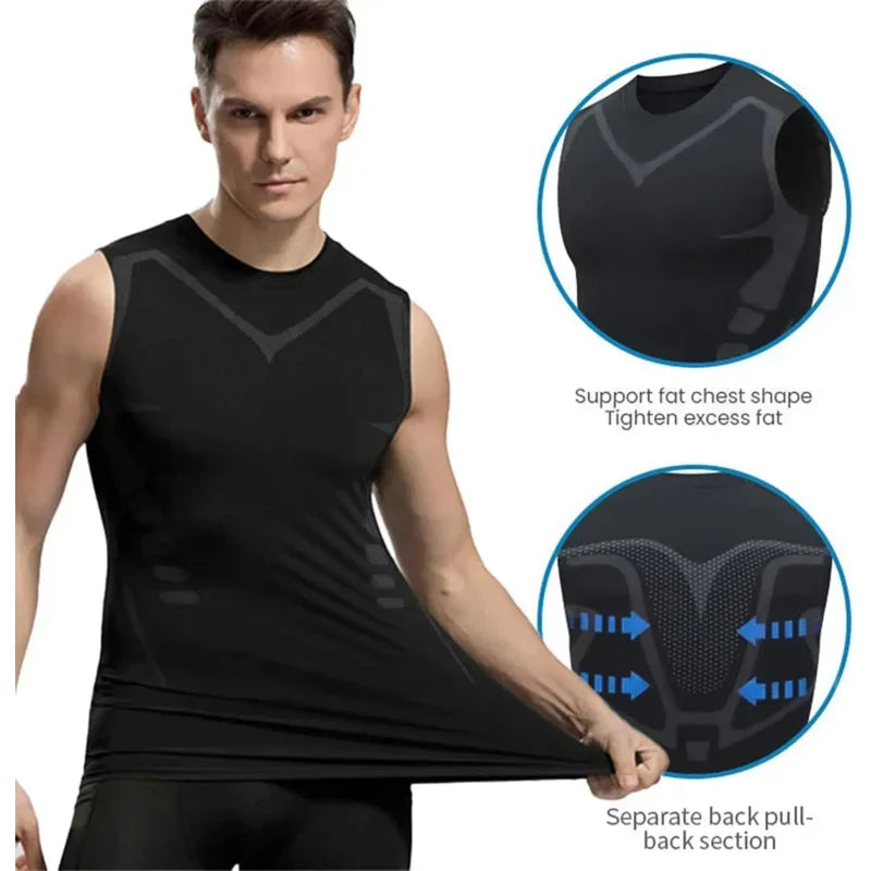 Men's Compression Shirt Tummy Control Muscle Support Quick-Dry Ice Silk Workout Vest Slimming Body Shaper Tank Top Gym Running