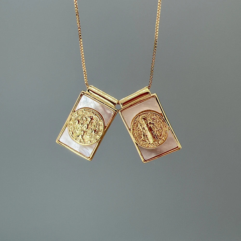 Religious Saint Benedict Cross Guadalupe Necklaces Female Metal Gold Natural Sea Shell Pendant Jewelry For Women
