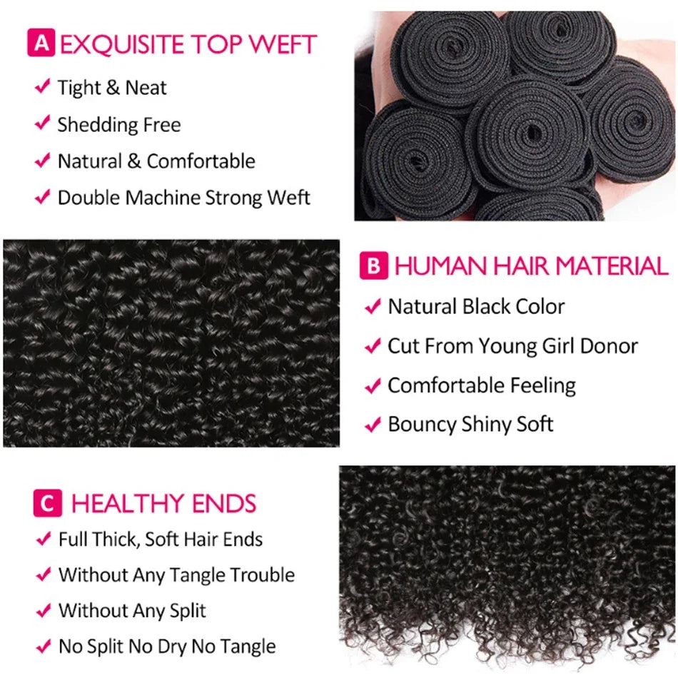 Long Kinky Curly Human Hair Bundles with Closure Frontal Peruvian Hair Bundles with Closure Remy 100% Human Hair Extensions
