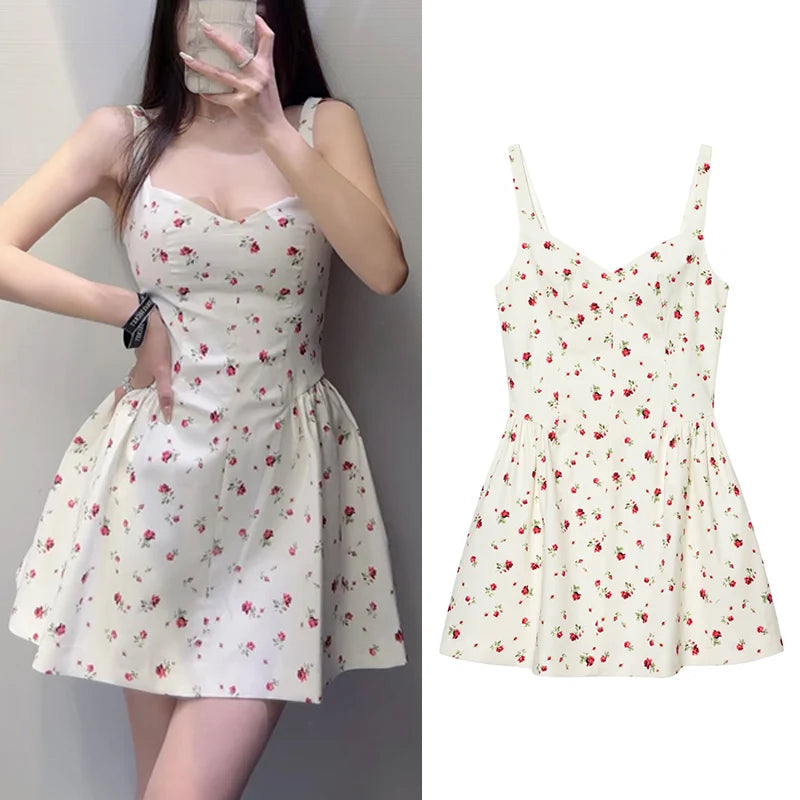 Women's Dress 2026 New Fashion Spring Summer Sleeveless Floral Print Puffy Dress for Women Elegant Chic Female Dress