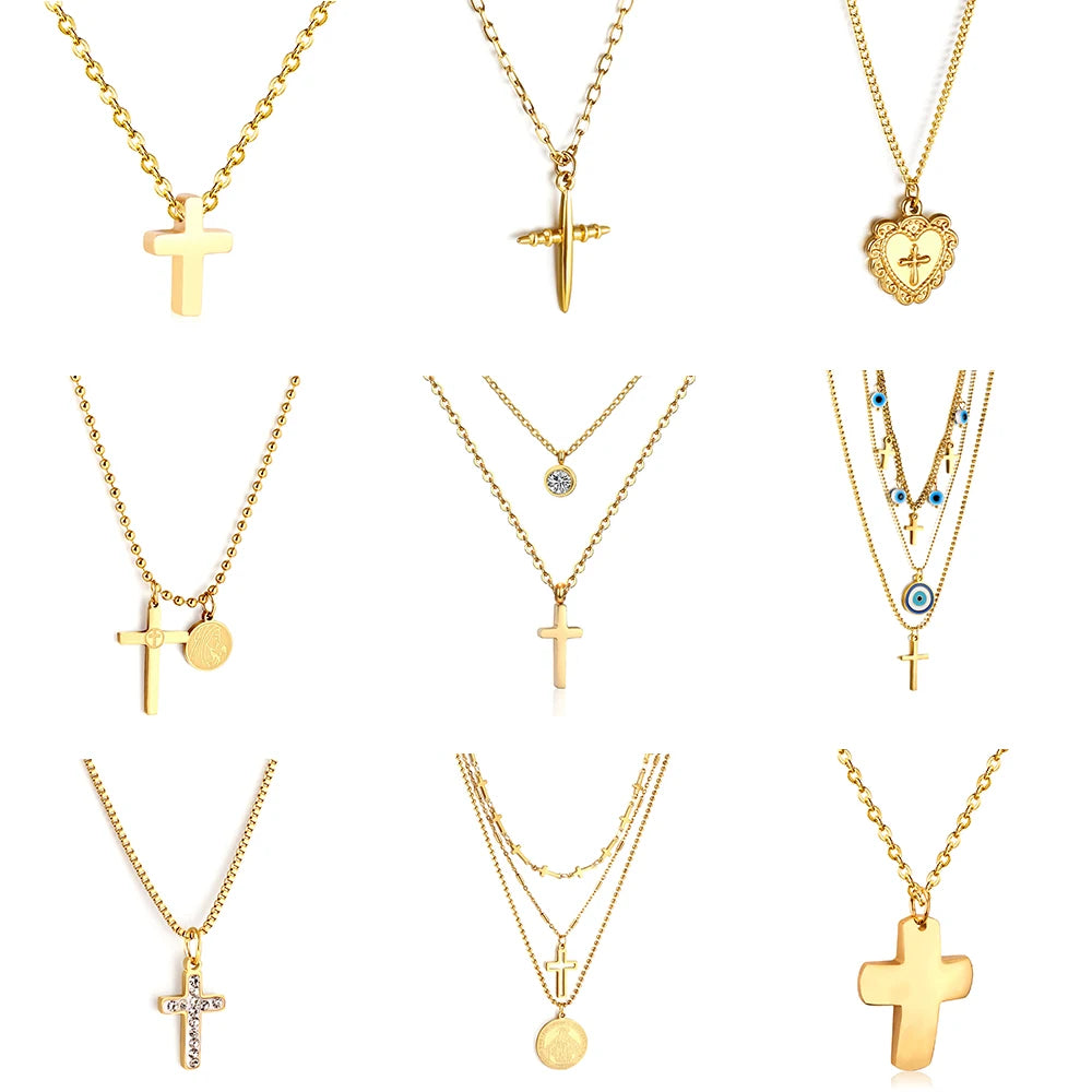 Classic Cross Pendant Necklaces For Women Girls Fashion Gold Plated Stainless Steel O Chain Collares Para Mujer Jewelry Gifts