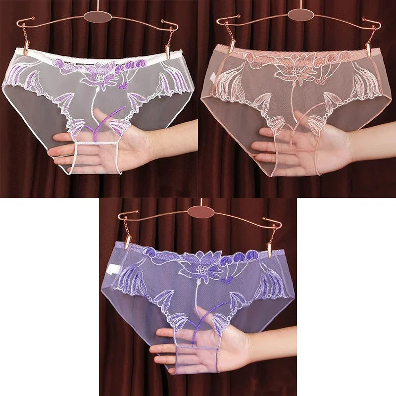 3PCS Solid Full Mesh Sexy Briefs Embroidered Floral Transparent Panties Plus Size Seamless Underwear Low Waist Erotic Lingerie