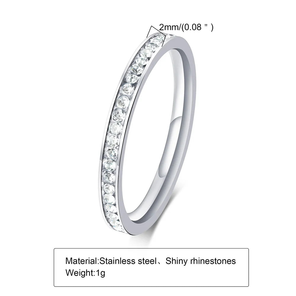 2mm Iced Out Cubic Zirconia Ring Female Gold Silver Color Stainless Steel Wedding Rings for Women Fashion Jewelry Gift