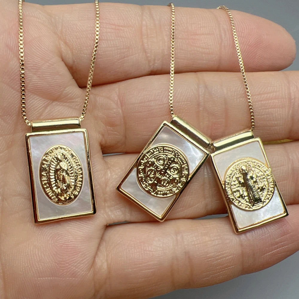 Religious Saint Benedict Cross Guadalupe Necklaces Female Metal Gold Natural Sea Shell Pendant Jewelry For Women